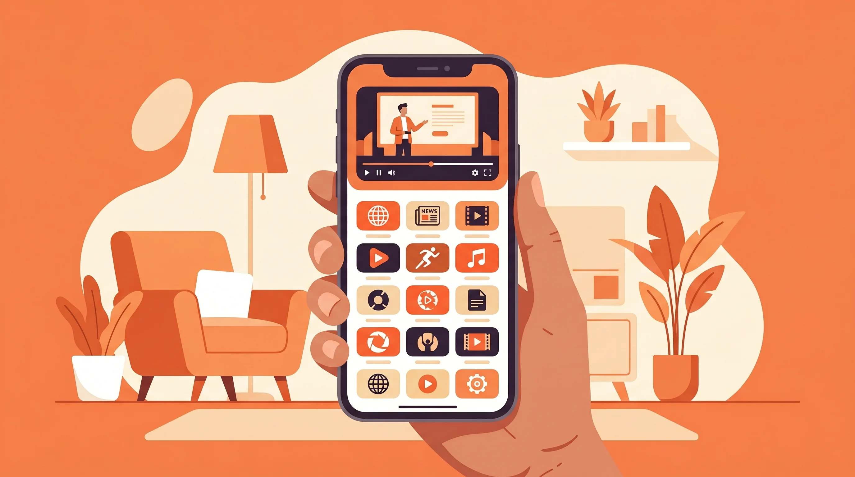 IPTV app op een iPhone met een zenderlijst en videospeler